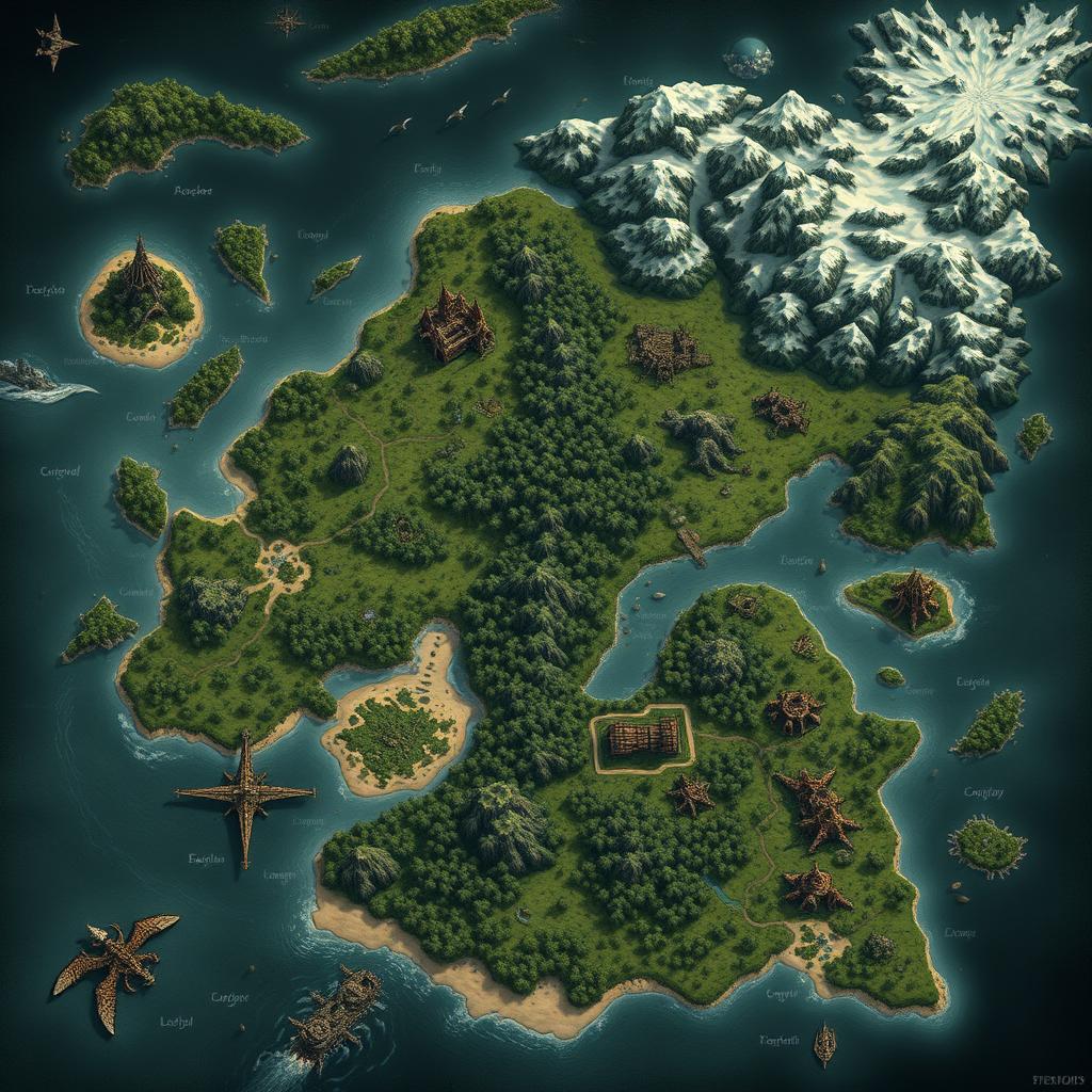 A detailed fantasy map for a DnD world, featuring a dark-themed palette