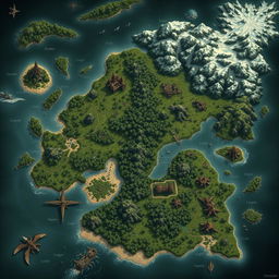 A detailed fantasy map for a DnD world, featuring a dark-themed palette