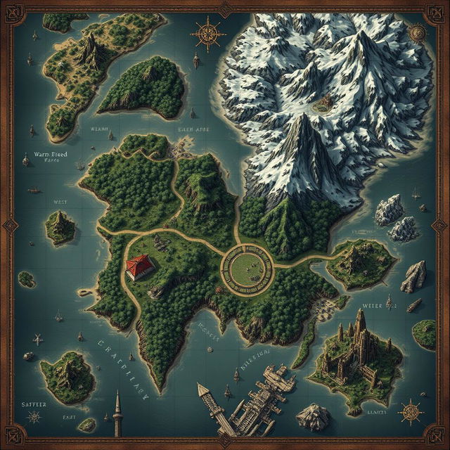 A detailed fantasy map for a DnD world, featuring a dark-themed palette