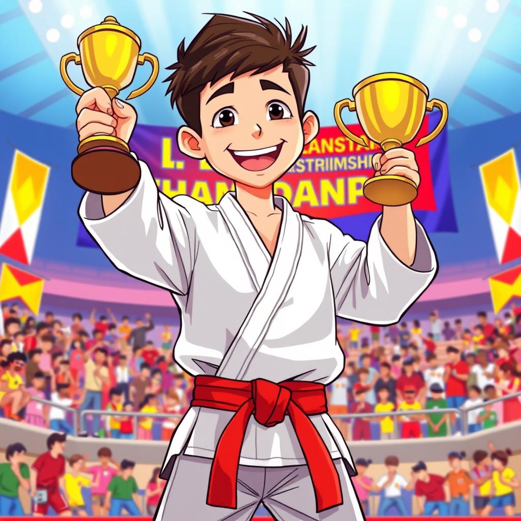 A dynamic illustration of a teenage boy in a martial arts uniform, proudly holding a trophy after winning a silat championship