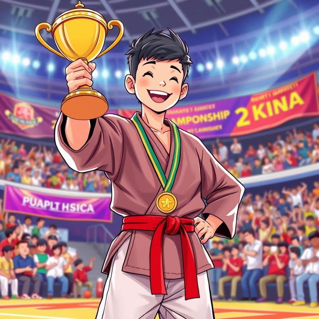 A dynamic illustration of a teenage boy in a martial arts uniform, proudly holding a trophy after winning a silat championship