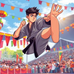 An illustration of a teenage boy, showcasing his martial arts skills as a champion in silat, wearing a traditional silat outfit with a black belt, confidently striking a dynamic pose