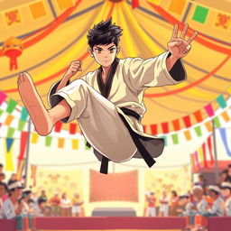 An illustration of a teenage boy, showcasing his martial arts skills as a champion in silat, wearing a traditional silat outfit with a black belt, confidently striking a dynamic pose