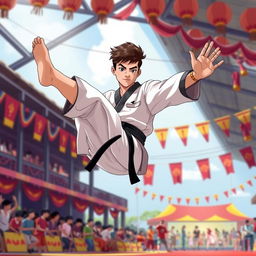 An illustration of a teenage boy, showcasing his martial arts skills as a champion in silat, wearing a traditional silat outfit with a black belt, confidently striking a dynamic pose