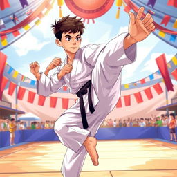 An illustration of a teenage boy, showcasing his martial arts skills as a champion in silat, wearing a traditional silat outfit with a black belt, confidently striking a dynamic pose