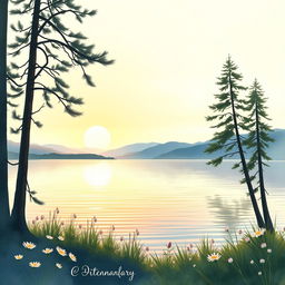 A serene lakeside scene depicted in soft watercolors, featuring a calm lake with gentle ripples reflecting the pastel colors of a sunset sky