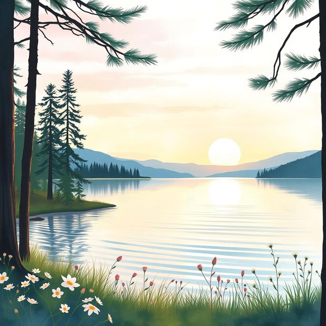 A serene lakeside scene depicted in soft watercolors, featuring a calm lake with gentle ripples reflecting the pastel colors of a sunset sky