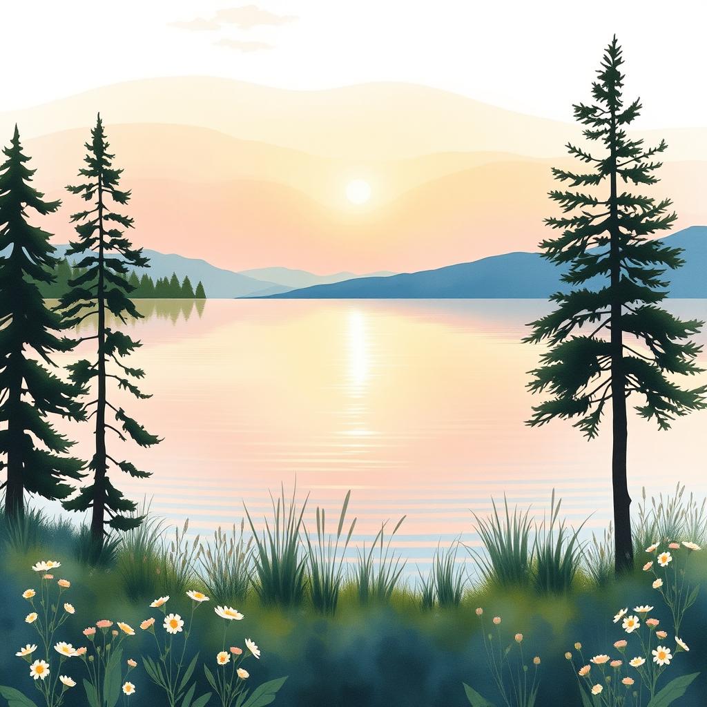 A serene lakeside scene depicted in soft watercolors, featuring a calm lake with gentle ripples reflecting the pastel colors of a sunset sky