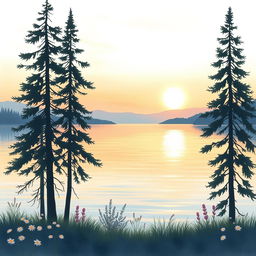 A serene lakeside scene depicted in soft watercolors, featuring a calm lake with gentle ripples reflecting the pastel colors of a sunset sky