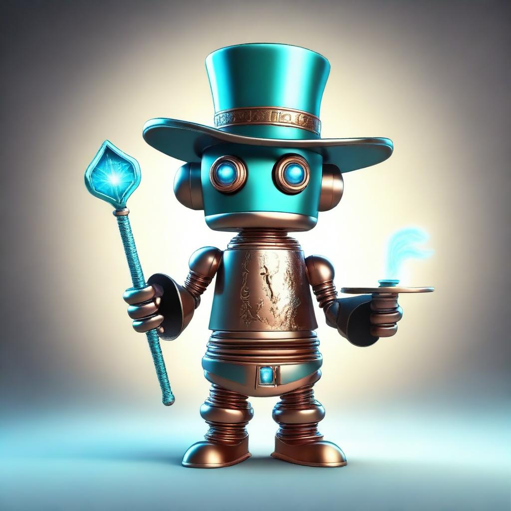 This is a high-quality digital art image featuring a small copper robot wizard