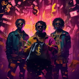 A gritty and edgy trap style music album cover for the song 'Money in the Bag'. Feature artists 'Gio Vá NN ft D Lírio & Eddy' styled in grungy, street art fonts. The backdrop sparkles with abstract dollar signs and neon hues.