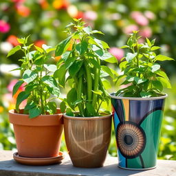 Three green bean plants growing in three distinct pots, each showcasing unique designs