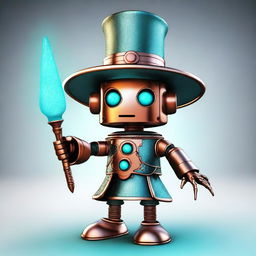 This is a high-quality digital art image featuring a small copper robot wizard