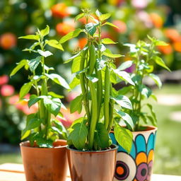 Three green bean plants growing in three distinct pots, each showcasing unique designs