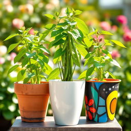 Three green bean plants growing in three distinct pots, each showcasing unique designs