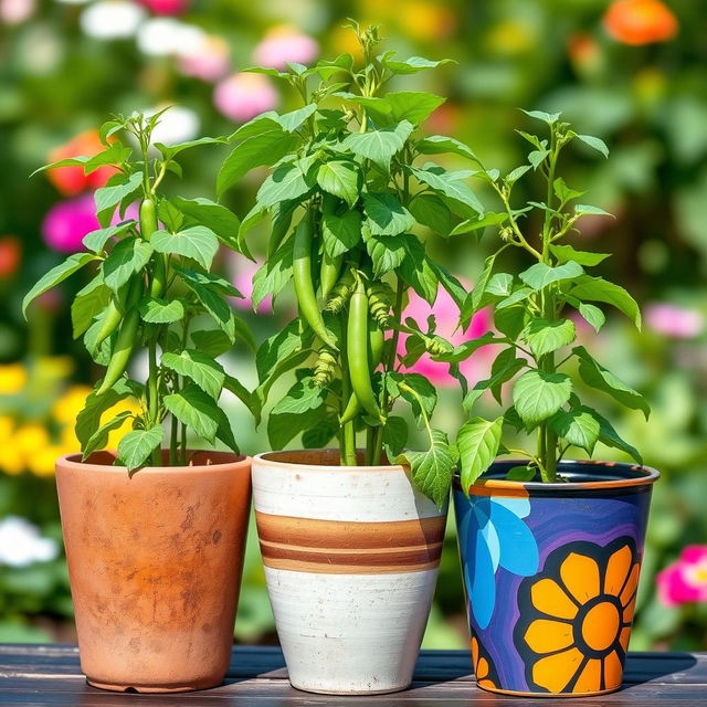 Three green bean plants growing in three distinct pots, each showcasing unique designs