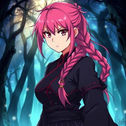 A digital illustration of Mitsuru Kanroji, a character from anime, featuring her vibrant pink hair styled in a long braid cascading over her shoulder