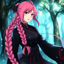 A digital illustration of Mitsuru Kanroji, a character from anime, featuring her vibrant pink hair styled in a long braid cascading over her shoulder