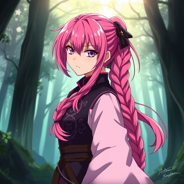 A digital illustration of Mitsuru Kanroji, a character from anime, featuring her vibrant pink hair styled in a long braid cascading over her shoulder