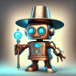 This is a high-quality digital art image featuring a small copper robot wizard