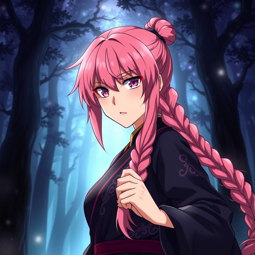 A digital illustration of Mitsuru Kanroji, a character from anime, featuring her vibrant pink hair styled in a long braid cascading over her shoulder