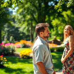A woman observing from a distance a man talking to another woman