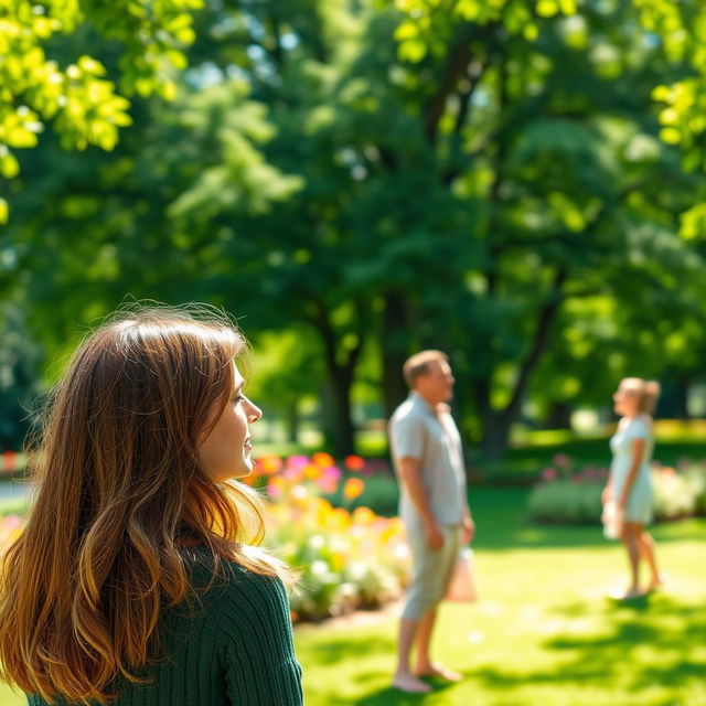 A woman observing from a distance a man talking to another woman