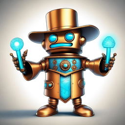 This is a high-quality digital art image featuring a small copper robot wizard