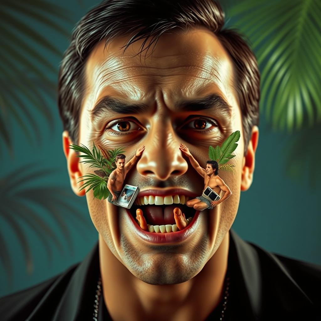 A surrealistic reinterpretation of a person's face where the mouth is uniquely replaced with elements from Tony Montana's movie scenes