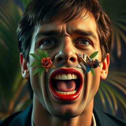 A surrealistic reinterpretation of a person's face where the mouth is uniquely replaced with elements from Tony Montana's movie scenes