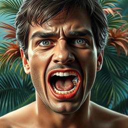 A surrealistic reinterpretation of a person's face where the mouth is uniquely replaced with elements from Tony Montana's movie scenes