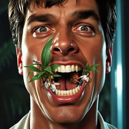 A surrealistic reinterpretation of a person's face where the mouth is uniquely replaced with elements from Tony Montana's movie scenes