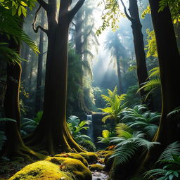 A stunning view of a lush New Zealand native forest, showcasing the diverse flora and fauna