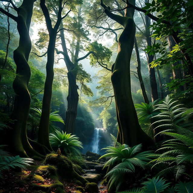 A stunning view of a lush New Zealand native forest, showcasing the diverse flora and fauna