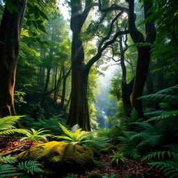 A stunning view of a lush New Zealand native forest, showcasing the diverse flora and fauna
