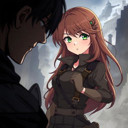 A fantasy illustration of a girl with long, flowing brown hair, standing confidently in a dynamic pose