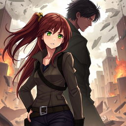 A fantasy illustration of a girl with long, flowing brown hair, standing confidently in a dynamic pose