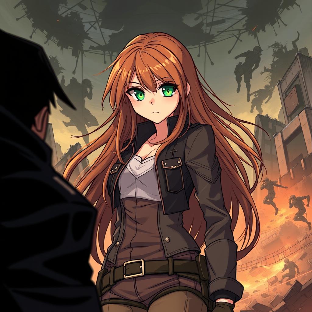 A fantasy illustration of a girl with long, flowing brown hair, standing confidently in a dynamic pose