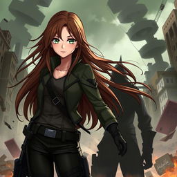 A fantasy illustration of a girl with long, flowing brown hair, standing confidently in a dynamic pose