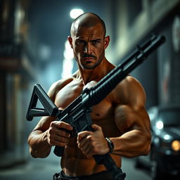 A muscular man with an aggressive expression, posed confidently without a shirt, showcasing his well-defined physique