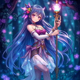 A sensual anime waifu, embodying a mystical magical girl theme, with long flowing hair adorned with vibrant magical accents, wearing an intricately designed outfit that features sparkling elements and flowing fabrics