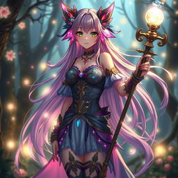 A sensual anime waifu, embodying a mystical magical girl theme, with long flowing hair adorned with vibrant magical accents, wearing an intricately designed outfit that features sparkling elements and flowing fabrics