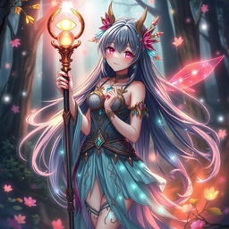 A sensual anime waifu, embodying a mystical magical girl theme, with long flowing hair adorned with vibrant magical accents, wearing an intricately designed outfit that features sparkling elements and flowing fabrics