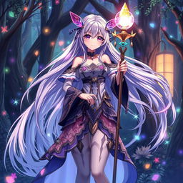 A sensual anime waifu, embodying a mystical magical girl theme, with long flowing hair adorned with vibrant magical accents, wearing an intricately designed outfit that features sparkling elements and flowing fabrics