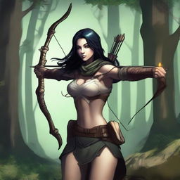 A high-quality digital art image displaying an Earth Genasi rogue with light skin and black hair in a dark forest