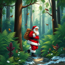 A whimsical scene depicting Santa Claus in a lush New Zealand native forest, surrounded by vibrant green ferns and tall trees native to the region such as Kauri and Rimu