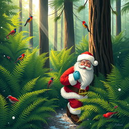 A whimsical scene depicting Santa Claus in a lush New Zealand native forest, surrounded by vibrant green ferns and tall trees native to the region such as Kauri and Rimu