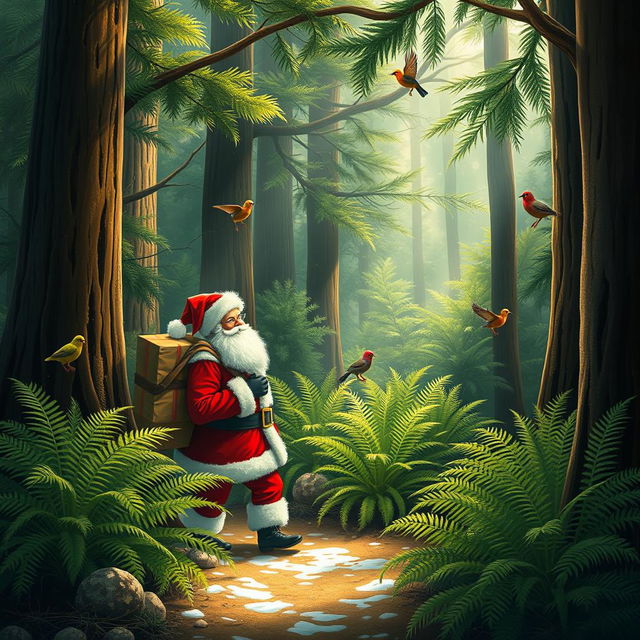 A whimsical scene depicting Santa Claus in a lush New Zealand native forest, surrounded by vibrant green ferns and tall trees native to the region such as Kauri and Rimu