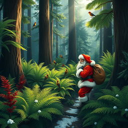 A whimsical scene depicting Santa Claus in a lush New Zealand native forest, surrounded by vibrant green ferns and tall trees native to the region such as Kauri and Rimu