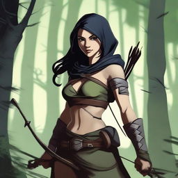 A high-quality digital art image displaying an Earth Genasi rogue with light skin and black hair in a dark forest